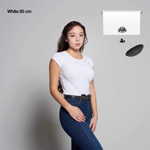 White Umbrella directed from model - light bounces off Umbrella fabric